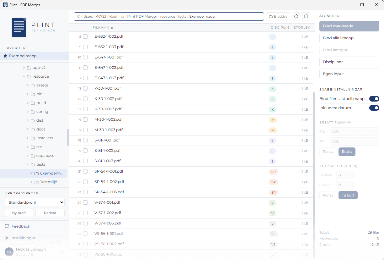 Skärmbild av Plint PDF Merger-gränssnittet som visar fillista och förhandsgranskning